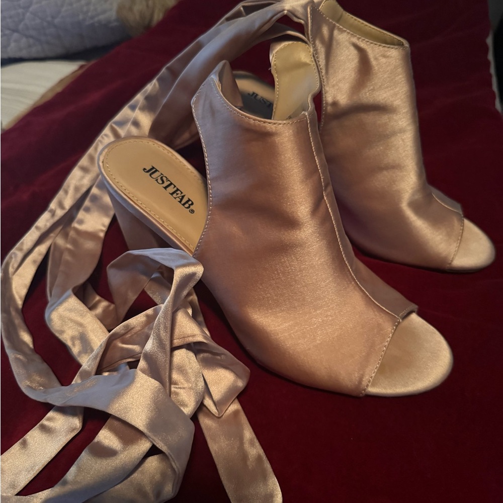 JustFab Satin Open Toe Heels - Light Gold